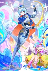 Rule 34 | 2girls, aino (genshin impact), android, blue cape, blue eyes, blue hair, cape, coat, cup, full body, genshin impact, green shirt, highres, holding, holding teapot, ineffa (genshin impact), joints, medium hair, multiple girls, open mouth, pink hair, purple eyes, red cape, robot, robot ears, robot girl, robot joints, shirt, sidelocks, socks, standing, standing on one leg, tea, teacup, teapot, two-sided cape, two-sided fabric, very long sleeves, viviwi, white coat