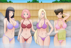 4girls bikini black_hair blonde_hair breasts brown_hair cleavage haruno_sakura hyuuga_hinata long_hair multiple_girls naruto naruto_(series) onsen pink_hair raptor-84 shablagoo swimsuit tenten_(naruto) towel very_long_hair yamanaka_ino