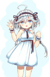 1girl ahoge ajitarou_(setsu) bare_shoulders black_ribbon blue_eyes dress earrings emil_chronicle_online frilled_hairband frilled_wristband frills hairband jewelry looking_at_viewer mecha_musume mitama_aria open_mouth ribbon simple_background waving white_dress white_hair white_hairband wristband