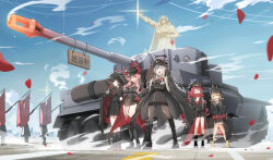 Rule 34 | 5girls, absurdres, black footwear, black hair, black headwear, black necktie, black pantyhose, black shirt, black skirt, blonde hair, blue archive, bolt action, book, boots, chiaki (blue archive), coat, coat on shoulders, collared shirt, crossed arms, demon horns, demon wings, detached collar, dodok (gj77230), gun, hair over one eye, hair ribbon, halo, hand in pocket, hand on own hip, hat, highres, holding, holding book, horns, ibuki (blue archive), iroha (blue archive), jacket, long hair, long sleeves, makoto (blue archive), mauser 98, military, military hat, military jacket, military vehicle, motor vehicle, multiple girls, multiple horns, necktie, pantyhose, peaked cap, pink hair, red garter straps, red hair, red horns, ribbon, rifle, rubber boots, salute, satsuki (blue archive), shirt, shirt tucked in, skirt, sky, sleeves past fingers, sleeves past wrists, standing, statue, straight-arm salute, tank, tiger i, wavy hair, weapon, white hair, wide shot, wings, yellow boots, yellow eyes