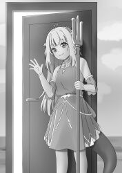 1girl ash_again_(gawr_gura) bare_shoulders closed_mouth cloud cloudy_sky collarbone cowboy_shot detached_sleeves door door_handle dress fins fish_tail folded_hair gawr_gura greyscale hair_down headpiece highres holding holding_polearm holding_weapon hololive hololive_english jewelry light_smile long_hair looking_at_viewer monochrome pendant phoenix_(hyperion_ps) polearm see-through_clothes see-through_sleeves shark_girl shark_tail short_dress short_sleeves sidelocks sky sleeveless sleeveless_dress solo split_mouth standing tail trident two_side_up virtual_youtuber weapon
