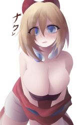 1girl absurdres blonde_hair blue_eyes blush breasts cleavage hair_ornament highres irida_(pokemon) large_breasts looking_at_viewer naxless nintendo pokemon pokemon_legends:_arceus short_hair simple_background solo solo_focus white_background