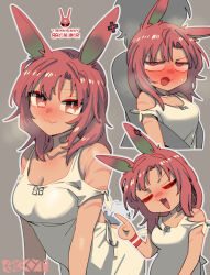 1boy 1girl :3 animal_ears bare_shoulders blush breasts cleavage dress ergot grey_background hug hug_from_behind index_finger_raised looking_at_viewer medium_hair multiple_views open_mouth original rabbit_ears red_hair simple_background sleeveless sleeveless_dress solo_focus white_dress