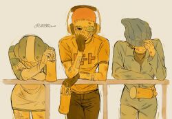 1girl 2boys bandages bandaid bandaid_on_arm beat_(jsr) black_hair blonde_hair broken_eyewear bruise covering_own_eyes crossed_arms denim dress fingerless_gloves gloves gum_(jsr) hand_on_railing hat_over_eyes headphones highres injury jeans jet_set_radio jumpsuit multiple_boys ombeo_o pants railing red_hair sepia_background shirt short_dress short_hair skullcap spray_can t-shirt tab_(jsr) twitter_username very_short_hair y2k_fashion