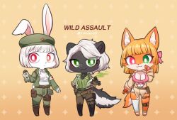 3girls akai_hime_(wild_assault) ammunition_pouch animal_ears armband breasts chibi cleavage combat_medic cross fox_ears fox_girl fox_tail furry furry_female gloves green_eyes heterochromia holding hongying_(wild_assault) jacket long_sleeves looking_at_viewer marquez_(wild_assault) medium_hair multiple_girls orange_background pink_eyes pouch rabbit_girl red_cross red_eyes shirt shorts single_thighhigh skunk_ears skunk_girl skunk_tail tail thigh_strap thighhighs white_armband wild_assault ychicken21