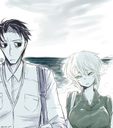1boy 1girl asama_hirotaka bag beach collared_shirt copyright_name handbag highres horror_(theme) inubousaki_shioi nikubami_honegishimi ocean polo_shirt runarica0914 shirt shore sideways_glance