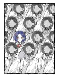 6+boys apple blue_hair border colored_inner_hair flower food fruit gundam gundam_gquuuuuux highres holding holding_flower holding_food holding_fruit kumo_(sharonyann86798) lower_eyelashes_only male_focus multicolored_hair multiple_boys no_eyes partially_colored purple_hair red_eyes shirt short_hair shuji_ito two-tone_hair white_border