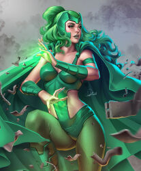 1girl cape clothing_cutout douglas_bicalho green_cape green_eyes green_hair green_leotard green_pantyhose highres hip_vent leotard long_hair looking_to_the_side marvel pantyhose polaris_(x-men) signature solo x-men