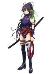 1girl absurdres arm_strap boots breasts commission cosplay elbow_gloves full_body gloves godzilla godzilla_(series) hair_ribbon halter_leotard halterneck highleg highleg_leotard highres holding holding_sword holding_weapon kanzaki_kaori large_breasts leotard long_hair looking_at_viewer monster o-ring o-ring_thigh_strap on_shoulder ootachi ponytail psylocke psylocke_(cosplay) purple_eyes purple_leotard ribbon sheath sheathed shichiten_shichitou smile solo sword tatararashi thigh_boots thigh_strap toaru_majutsu_no_index very_long_hair weapon white_background