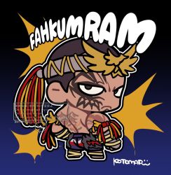 Rule 34 | 1boy, arm tattoo, back tattoo, black hair, character name, chibi, chibi only, closed mouth, facial tattoo, fahkumram, full body, gradient background, highres, kotorai, looking at viewer, looking back, male focus, muscular, muscular male, native american, outline, pants, purple pants, solo, tattoo, tekken, tekken 8, topless male, white outline