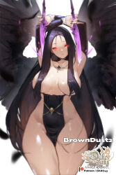 1girl arms_up artist_logo black_hair black_nails black_sleeves black_wings breasts brown_dust_(series) brown_dust_2 closed_mouth commentary copyright_name crossed_arms detached_sleeves english_commentary feathered_wings feathers fingernails forehead groin hair_over_breasts highres holding holding_knife holding_weapon hu_dako jewelry knife large_breasts logo long_hair looking_at_viewer nail_polish navel necklace olivier_(brown_dust) patreon_logo patreon_username pelvic_curtain red_eyes shiny_skin simple_background solo sweat thick_thighs thighs weapon white_background wings