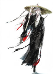 1boy adjusting_clothes adjusting_headwear alternate_hair_color black_boots black_hanfu boots chinese_clothes closed_mouth collarbone faux_traditional_media floating_hair flute flute_tassel full_body grey_eyes hair_ribbon hand_on_headwear hand_up hanfu hat head_tilt high_ponytail holding holding_sword holding_weapon ink_wash_painting instrument jewelry kcllzas163 light_particles long_hair long_sleeves looking_at_viewer male_focus modao_zushi necklace pectoral_cleavage pectorals ponytail red_ribbon ribbon robe sheath sheathed simple_background smile solo standing straw_hat sword sword_tassel tassel third-party_source weapon wei_wuxian white_background white_hair wide_sleeves wind