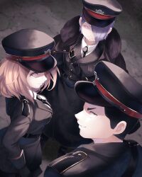 1girl 2boys belt black_boots black_coat black_hair black_hat black_necktie blonde_hair boku_no_hero_academia boots breasts buttons chikuwa_savy coat collared_shirt commentary_request fur-trimmed_coat fur_trim gold_buttons hat highres looking_at_viewer medium_breasts medium_hair military military_uniform multiple_boys necktie parted_bangs purple_hair shirt shishikura_seiji simple_background small_pupils standing utsushimi_kemii yoarashi_inasa