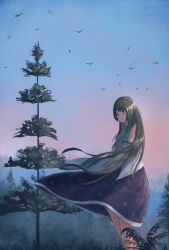 1girl :| bare_shoulders bird blue_skirt breasts closed_mouth collared_shirt dawn detached_sleeves dot_nose fjsmu flock forest from_side gradient_sky green_eyes green_hair hair_ornament hair_tubes highres kochiya_sanae large_breasts long_hair long_sleeves nature patterned_clothing print_skirt shirt single_hair_tube single_sidelock skirt skirt_set sky sleeveless sleeveless_shirt snake_hair_ornament solo touhou tree very_long_hair wide_sleeves