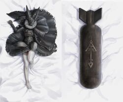 Rule 34 | 1girl, artillery shell, artillery witch, black cape, black capelet, black dress, cape, capelet, collar, dakimakura (medium), dress, explosive, fallenspherell, frilled collar, frills, garter straps, helmet, highres, long sleeves, lying, on back, thighhighs, trench crusade, white garter straps, white thighhighs, witch