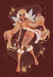 1girl adapted_costume asymmetrical_shirt blonde_hair boots bracer brown_eyes christmas christmas_lights commentary crop_top english_commentary fairy fairy_wings fireworks full_body fur-trimmed_boots fur-trimmed_shirt fur_trim glitter grin hair_tubes highres holding holding_fireworks knee_boots knees lipstick long_hair low_twintails magical_girl makeup midriff navel orange_boots orange_lips orange_shirt orange_shorts red_background shirt short_shorts shorts signature single_strap sleeveless sleeveless_shirt smile solo sparkler stardust_axel stella_(winx_club) twintails very_long_hair wavy_hair white_wings wings winx_club