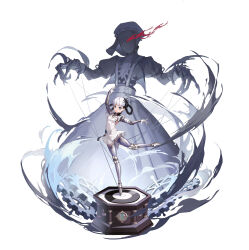 1girl 1other absurdres backless_dress backless_outfit ballerina ballet bambinata:_vitrum_(swan_lake)_(pgr) bambinata_(pgr) black_hair blue_eyes blunt_bangs braid braided_hair_rings dancing dress faceless flaming_eye freckles frilled_dress frills full_body gears hair_rings hat highres joints juliet_sleeves keyhole long_sleeves looking_at_viewer marionette mechabare mechanical_arms mechanical_foot mechanical_legs mob_cap multicolored_hair music_box no_eyes official_alternate_costume petite pool_(lautomaton) puffy_sleeves punishing:_gray_raven puppet puppet_strings puppeteering robot_joints see-through_body short_dress short_hair skeletal_hand sleeveless sleeveless_dress two-tone_hair veil white_background white_dress white_hair white_headwear