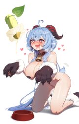 Rule 34 | 1girl, absurdres, ahoge, alternate breast size, animal collar, animal hands, bare shoulders, bell, blush, bottomless, bowl, breasts, collar, ganyu (genshin impact), genshin impact, gloves, hair between eyes, heart, heart-shaped pupils, highres, horns, human dog, keureu (tiqkdtiqkd10), kneeling, large breasts, long hair, neck bell, pasties, paw gloves, paw pose, paw shoes, pet bowl, pet play, phallic symbol, sexually suggestive, sidelocks, simple background, suggestive fluid, symbol-shaped pupils, tail, white background