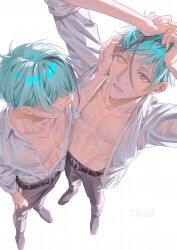 2boys absurdres aqua_hair brothers floyd_leech green_eyes heterochromia highres himo_(himodayoo) jade_leech long_sleeves looking_at_viewer male_focus multiple_boys open_clothes pectorals sharp_teeth shirt short_hair siblings teeth toned toned_male twins twisted_wonderland wet white_background white_shirt yaoi yellow_eyes