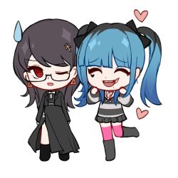 2girls amemiya_darumi black_dress black_hair black_jacket blue_hair chibi closed_eyes dress earrings face_piercing female_focus glasses heart highres jacket jewelry lip_piercing makeup multiple_girls one_eye_closed open_mouth piercing purple_hair red_eyes shizuhara_hiruko simple_background standing sweatdrop teeth the_hundred_line_-last_defense_academy- thighhighs white_background yuri
