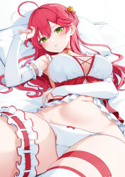 Rule 34 | 1girl, ahoge, babydoll, bed sheet, bell, blush, bow, bow panties, breasts, bridal gauntlets, cat choker, choker, collarbone, frilled thigh strap, green eyes, hair bell, hair between eyes, hair ornament, hairclip, highres, hololive, jingle bell, large breasts, long hair, lying, navel, nyan (reinyan 007), on back, panties, parted lips, pillow, pink bow, pink choker, pink hair, sakura miko, single thighhigh, solo, stomach, thigh strap, thighhighs, thighs, two side up, underwear, virtual youtuber, white babydoll, white bridal gauntlets, white panties, white thighhighs