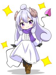 1girl ahoge black_mittens black_pantyhose blush boots brown_boots brown_horns closed_mouth coat commentary_request curled_horns curly_hair demon_girl demon_tail full_body highres horns kotatsu-mazoku lilith_(machikado_mazoku) lilith_(machikado_mazoku)_(homunculus) long_hair long_sleeves looking_at_viewer machikado_mazoku mittens pantyhose purple_eyes purple_hair purple_scarf scarf sidelocks simple_background smile solo sparkle standing tail white_background white_coat