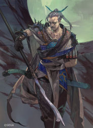 1boy armor black_gloves company_name eiketsu_taisen facial_hair gloves grey_hair holding holding_polearm holding_weapon male_focus mustache old old_man polearm ponytail scar scar_across_eye scar_on_arm scar_on_chest scar_on_face sheath sheathed shoulder_armor so-taro solo standing weapon