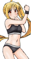1girl absurdres ahoge blonde_hair bocchi_the_rock! highres ijichi_nijika long_hair orange_eyes panties riokasen side_ponytail solo sports_bra sweat underwear underwear_only white_background wristband