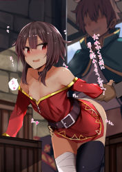 1boy 1girl areola_slip arm_support bandaged_leg bandages bare_shoulders belt bent_over black_thighhighs blush box breasts brown_hair cape commentary_request dress faceless faceless_male fingerless_gloves gloves hair_ornament hand_grab hand_on_own_hip hat hetero highres holding_hands implied_sex kono_subarashii_sekai_ni_shukufuku_wo! leaning_forward looking_back megumin muoto nipple_slip nipples open_mouth outdoors red_dress red_eyes satou_kazuma sex sex_from_behind short_hair single_thighhigh small_breasts solo_focus thighhighs translation_request witch_hat