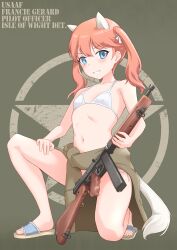 Rule 34 | 1girl, absurdres, animal ears, bikini, blue eyes, blush, breasts, character name, clothes around waist, collarbone, francie gerard, grin, gun, highres, horse ears, horse girl, horse tail, jacket, jacket around waist, kuni-kun, long hair, looking at viewer, navel, orange hair, rifle, sandals, small breasts, smile, solo, strike witches: katayoku no majo-tachi, swimsuit, tail, twintails, weapon, white bikini, world witches series