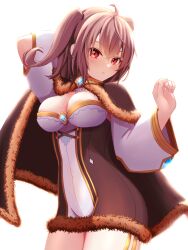 Rule 34 | 1girl, ahoge, blue brooch, blush, breasts, brown cape, brown dress, brown hair, cape, cleavage, commentary request, cowboy shot, dress, elbow cutout, expressionless, fur-trimmed cape, fur-trimmed dress, fur trim, hanakaoka okaka, large breasts, looking at viewer, official alternate costume, ragnarok online, red eyes, short dress, simple background, solo, two side up, warlock (ragnarok online), white background, white dress