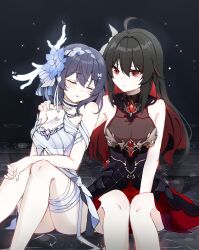 2girls absurdres ahoge bare_legs bare_shoulders black_dress black_hair breasts chest_tattoo closed_eyes closed_mouth colored_inner_hair commentary_request dress flower hair_between_eyes hair_flower hair_ornament hand_on_another&#039;s_shoulder hand_on_own_knee highres honkai_(series) honkai_impact_3rd kaya_(ayase_kaya) long_hair medium_breasts multicolored_hair multiple_girls parted_lips red_eyes red_hair seele_(alter_ego) seele_vollerei seele_vollerei_(herrscher_of_rebirth) seele_vollerei_(starchasm_nyx) sitting sleeping tattoo upper_body white_dress yuri