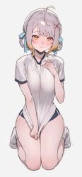 1girl absurdres ahoge blonde_hair blue_buruma braid braided_hair_rings breasts brown_eyes buruma closed_mouth commentary_request commission grey_background grey_hair hair_ornament hair_rings highres looking_at_viewer medium_breasts multicolored_hair original seiza shirt shirt_hold shirt_tug simple_background sitting socks solo sooon streaked_hair thighs white_shirt white_socks x_hair_ornament
