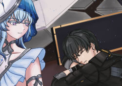 1255118553 1boy 1girl absurdres bandaged_arm bandaged_hand bandages black_hair black_jacket blue_hair blue_veil commentary dress gloves highres jacket light_smile male_rover_(wuthering_waves) purple_eyes rover_(wuthering_waves) shorekeeper_(wuthering_waves) short_hair sleeping sleeping_on_desk smile tacet_mark_(wuthering_waves) two-tone_veil veil white_dress white_veil wuthering_waves