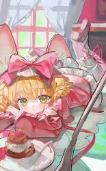 1girl absurdres blonde_hair bloomers bow cross-laced_shoes crossed_arms curtains day dress food foot_up fork frilled_sleeves frills fruit green_eyes hair_bow highres hinaichigo iinagi_(kashiwa_keira) indoors juliet_sleeves lolita_fashion long_sleeves looking_back lying on_stomach on_table pink_bow pink_dress pink_shoes plate puffy_sleeves ringlets rozen_maiden shoes short_sleeves sleeve_ribbon socks solo strawberry table underwear white_socks window