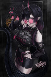 1girl absurdres arm_belt artist_logo bartolomiy black_hair black_nails black_shorts bra bra_peek breasts chain-link_fence collar earrings fence goth_fashion hand_on_own_hip highres horns indie_virtual_youtuber jewelry logo long_hair long_sleeves maki_(oni_kanzei) open_mouth pelvic_curtain pink-tinted_eyewear pointy_ears round_eyewear see-through_clothes shorts snake snake_tail spiked_collar spikes tail tinted_eyewear underwear virtual_youtuber