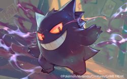 arms_up black_eyes bright_pupils building colored_sclera commentary_request copyright_name creatures_(company) energy full_body game_freak gen_1_pokemon gengar ghost glowing grin indoors looking_at_viewer night nintendo no_humans official_art pink_sclera pokemon pokemon_(creature) pokemon_tcg red_eyes red_sclera smile so-taro solo teeth