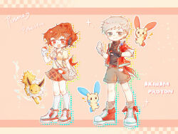1boy 1girl absurdres brown_hair closed_mouth crossover electricity gen_1_pokemon gen_3_pokemon gloves grey_hair hair_ornament hairclip headphones highres holding jacket jolteon minun minus_sign neck_fur nintendo open_mouth persona persona_3 persona_3_portable plus_sign plusle poke_ball poke_ball_(basic) pokemon pokemon_(creature) protonxii red_eyes sanada_akihiko shiomi_kotone short_hair standing yellow_fur