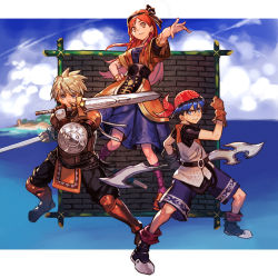 1girl 2boys armor bandana belt blonde_hair blue_eyes blue_hair boots breasts brick_wall buckler chrono_cross clenched_hand cloud double_blade dress dual_wielding glenn gloves green_eyes grey_eyes hair_ribbon hairband hand_on_own_hip holding hungry_clicker island long_hair looking_at_viewer medium_breasts multiple_boys ocean orange_hair outstretched_arm purple_legwear red_headwear leena_(chrono_cross) ribbon scar serge_(chrono_cross) shield short_hair shorts sky steel-toe_boots sword weapon