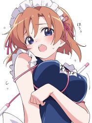 Rule 34 | 1girl, arm under breasts, blue eyes, blush, breasts, brown hair, commentary request, highres, higurashi no naku koro ni, large breasts, maid headdress, niyane, nose blush, open mouth, ryuuguu rena, school swimsuit, short hair, simple background, solo, sweatdrop, swimsuit, upper body, white background