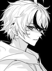 Rule 34 | 1boy, black background, eyelashes, greyscale, hashtag-only commentary, highres, hood, hood down, hoodie, kaochuanyi9060, male focus, monochrome, multicolored hair, parted lips, portrait, short hair, simple background, sketch, solo, streaked hair, sumino takumi, the hundred line -last defense academy-, two-tone hair