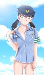 1girl absurdres arm_at_side armband bad_id bad_pixiv_id black_hair blue_eyes blue_hat blue_shirt blush bottomless cameltoe closed_mouth cloud collared_shirt cowboy_shot crossed_bangs green_armband hand_up hat highres japan_national_police looking_to_the_side low_twintails medium_hair meitantei_conan miike_naeko partially_unbuttoned police police_hat police_uniform policewoman shirt short_sleeves sky solo standing twintails