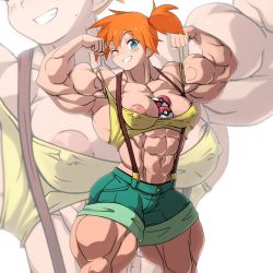1girl abs areola_slip armpits artist_request asymmetrical_hair biceps blue_eyes blush breasts covered_erect_nipples crop_top denim denim_shorts flexing grin gym_leader hair_between_eyes hair_tie looking_at_viewer midriff misty_(pokemon) muscular muscular_female nintendo obliques one_eye_closed orange_hair pectorals poke_ball poke_ball_(basic) pokemon pokemon_(anime) pokemon_(classic_anime) ponytail projected_inset redesign short_shorts shorts side_ponytail small_breasts smile solo suspenders thick_thighs thighs wink