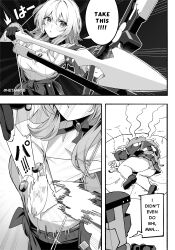 1girl 1other absurdres arrow_(projectile) blush bow_(weapon) bra_strap breasts buttons choker collarbone commentary drawing_bow earrings english_commentary english_text gameplay_ability gameplay_mechanics gloves greyscale heta highres holding holding_arrow holding_bow_(weapon) holding_weapon honkai:_star_rail honkai_(series) jacket jewelry left-to-right_manga long_sleeves march_7th_(honkai:_star_rail) march_7th_(preservation)_(honkai:_star_rail) medium_breasts medium_hair meme miniskirt monochrome panties panty_peek partially_fingerless_gloves pleated_skirt pom-pom_(honkai:_star_rail) shirt single_earring single_glove skirt tied_jacket twitter_username underbust underwear weapon white_shirt yamcha_pose_(meme)