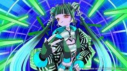 1girl aqua_belt black_nails blunt_bangs choker cleavage_cutout closed_mouth clothing_cutout commentary crop_top double_bun earrings fingerless_gloves gloves gradient_hair green_hair hair_bun hand_on_own_hip harusaruhi highres jacket jewelry kamitsubaki_studio long_hair looking_at_viewer multicolored_hair nakazawa_ayami official_art open_clothes open_jacket orange_eyes smile solo very_long_hair w white_choker