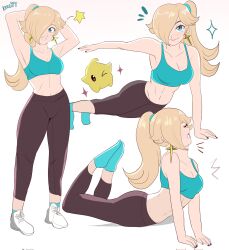 blonde_hair blue_eyes earrings hair_over_one_eye jewelry karbuitt leggings long_hair luma_(mario) mario_(series) multiple_views nintendo ponytail rosalina sports_bra star_(symbol) star_earrings