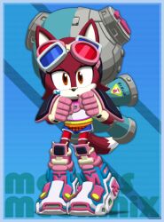 ! 1girl animal_ears bike_shorts bike_shorts_under_shorts blue_background boots brown_eyes clenched_hands dolphin_shorts emi_(fighting_vipers) english_text fighting_vipers fighting_vipers_2 fox fox_ears fox_tail furrification furry gauntlets goggles goggles_on_head joeadok mechanical_hands open_mouth red_fur sega shirt shirt_under_shirt shorts shorts_under_shorts simple_background solo sonic_(series) sticker_on_face stuffed_animal stuffed_toy tail teddy_bear thigh_boots white_shirt yellow_shirt