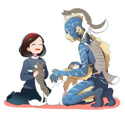 1boy 1girl :3 animal animal_on_back animal_on_head animification brown_hair cat commentary dress elisa_esposito fins hairband headpat kneeling monster_boy on_head save_(naita_aooni) simple_background smile squatting the_shape_of_water