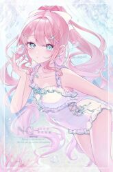 1girl bare_shoulders blue_eyes blush bow breasts bubble closed_mouth collarbone covered_navel earrings frills hair_bow hair_ornament heart highres jewelry long_hair looking_at_viewer mafuyu_(mfyo0) navel necklace one-piece_swimsuit original pink_hair solo swimsuit underwater very_long_hair water white_one-piece_swimsuit