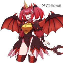 1girl breasts character_name destoroyah dragon_wings godzilla_(series) godzilla_vs._destoroyah highres okamura_(okamura086) personification red_hair simple_background smile solo spiked_wings toho white_background wings yellow_eyes